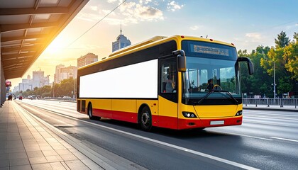 Obraz premium Bright yellow bus on city street, ad space, sunshine