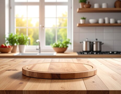 Bright kitchen scene with a wood cutting board