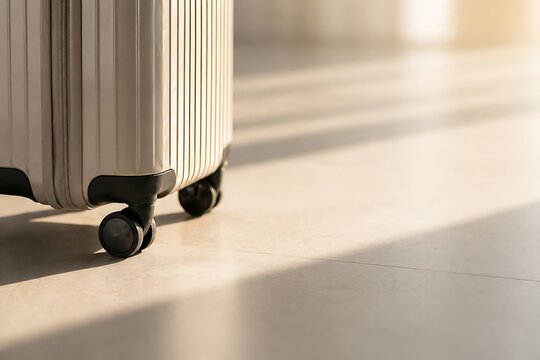 Close-up of a modern, light-colored suitcase with four spinner wheels on a clean, sunlit floor.