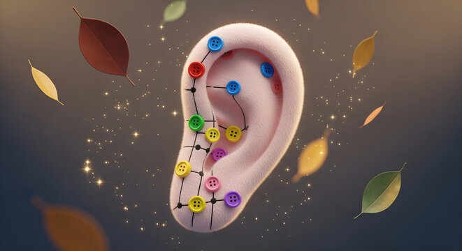 Artistic model showing acupuncture ear points for therapy