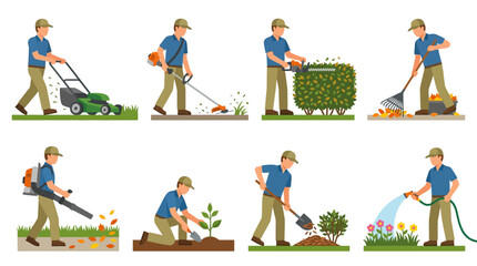 Fototapeta premium Professional gardeners performing various landscaping tasks including mowing the lawn, trimming hedges, planting new flowers, and watering garden plants