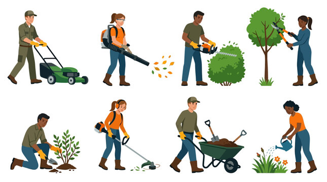 Diverse professional gardeners performing various yard maintenance tasks like lawn mowing trimming hedges planting trees and watering colorful flowers