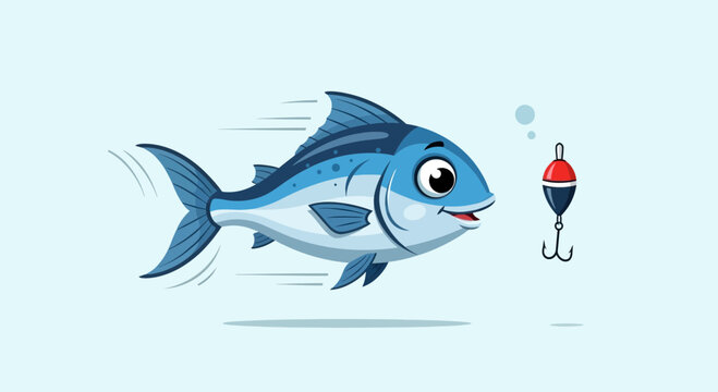 Cartoon fish swimming towards fishing hook and bobber, funny illustration