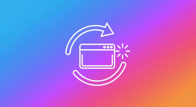 Circular refresh icon with browser window and sparkling effect on colorful abstract background