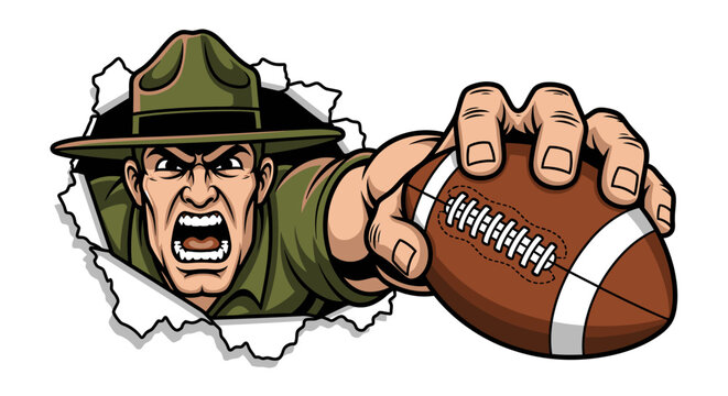Aggressive drill sergeant bursting through a torn paper background, holding an American football. Represents intensity, training, and sports.