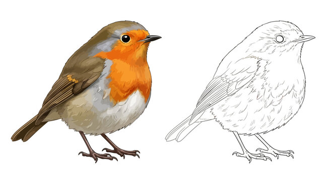A detailed illustration comparing a realistic European robin bird with its line art outline on a white background. Ideal for nature art and design.
