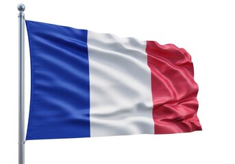 Naklejka premium Flag of france waving on a flagpole, isolated on white background