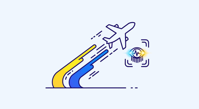 Airplane taking off with futuristic eye scanner and colorful trails, representing travel and technology