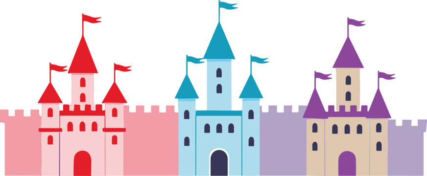 Fairytale castle vector set with colorful medieval buildings and towers, cute fantasy architecture collection for kids illustration, storybook and game design