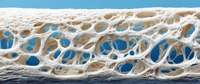 Close-animated movie macro reveals the intricate porous structure of trabecular bone tissue against a vibrant blue