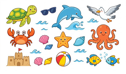 Cute summer beach animals vector set with turtle crab dolphin and sea elements cartoon clipart isolated on white © Joy