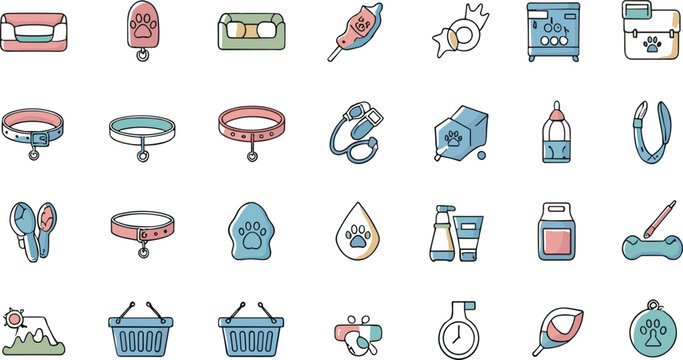 Pet care icons vector set with dog accessories grooming tools collars toys and veterinary supplies, cute collection for animal shop and pet service design