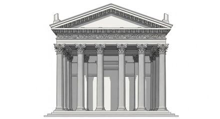 Ancient Greek Temple Facade with Columns and Pediment. © Retno