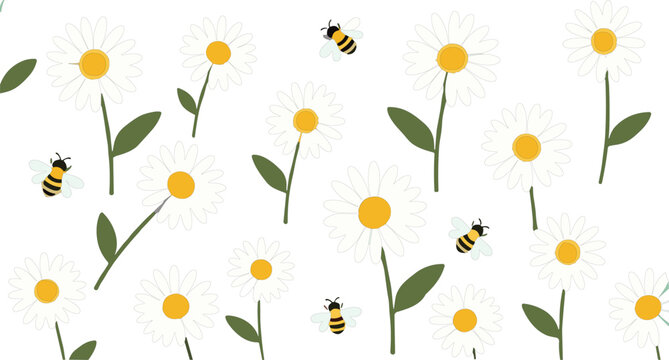 Seamless daisy flowers and bees pattern vector with cute floral elements, spring nature background for textile, wallpaper and decorative design