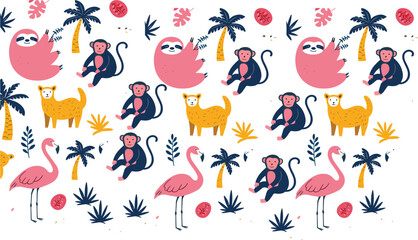 Tropical animals seamless pattern with sloth, monkey, llama and flamingo, cute flat vector illustration for jungle, safari and kids design © Sumon Creative