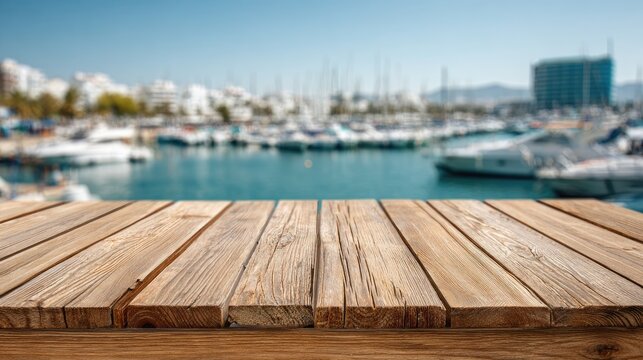 Wooden table in foreground, boats in blurred harbor background