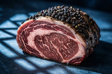 Obraz premium Peppercorn Crusted Raw Marbled Beef Roast