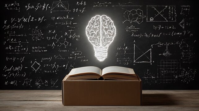 Conceptual of a glowing brain-shaped lightbulb above an open book on a cardboard box, with a blackboard filled with mathematical equations and diagrams in the
