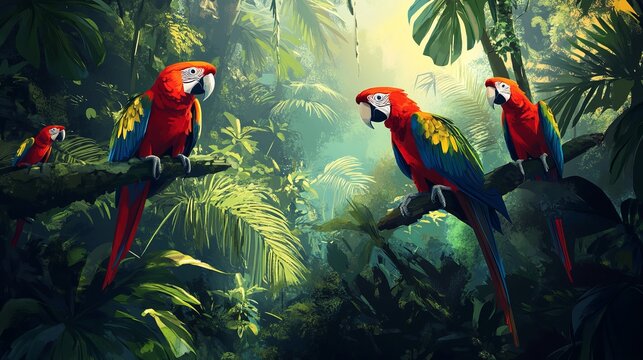 Watercolor tropical pattern parrots hibiscus strelitzia fruits vibrant summer background