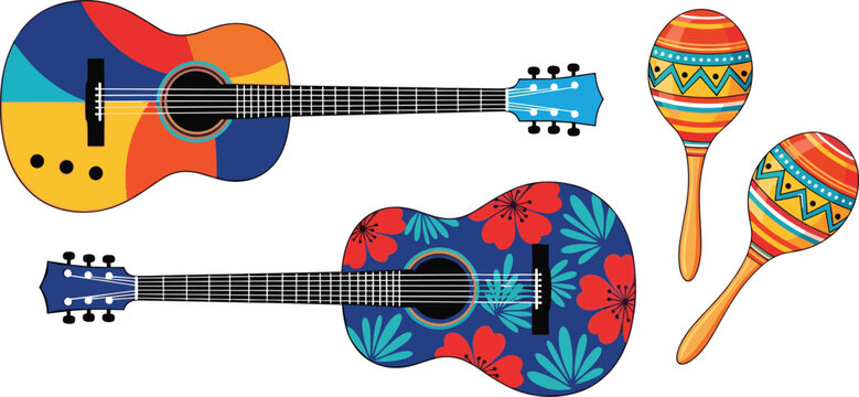 Set of 2 Colorful Guitar Illustrations with Vibrant Patterns and Maracas, Ideal for Music and Cultural Designs