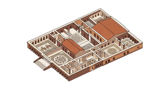 Ancient Roman Villa Floor Plan Isometric View.