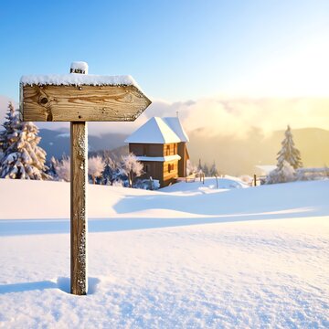 Snowy landscape with wooden signpost and house