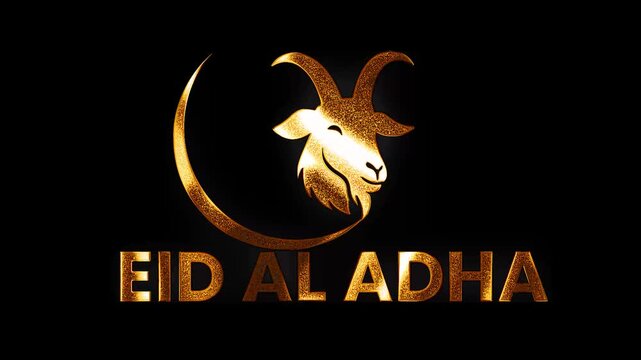 Eid al adha text design with combination creacent moon goat golden glitters shine animation video