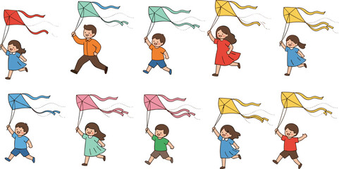 Obraz premium Set of 12 Illustrations of Children Running and Playing with Colorful Kites, Perfect for Outdoor and Fun Activity Designs