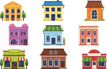 Naklejka premium Set of 9 Building Illustrations in Various Colors and Styles, Perfect for Architecture, Urban, and City Designs
