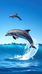 Naklejka premium Two dolphins jumping out of a large blue ocean wave