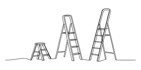 Three step ladders of different sizes arranged in a line, simple line drawing art © Bobita
