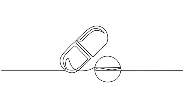 Animation of a single line drawing of a capsule. Continuous contour movement of a capsule. Continuous video with one line, Video. One continuous linear drawing of a scattering of tablets and capsules.