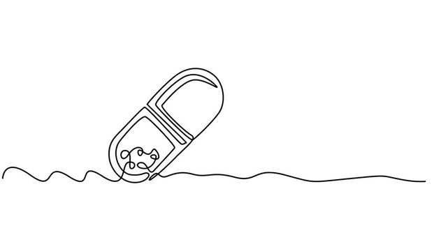 Animation of a single line drawing of a capsule. Continuous contour movement of a capsule. Continuous video with one line, Video. One continuous linear drawing of a scattering of tablets and capsules.