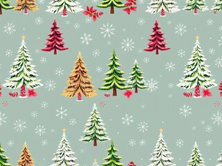 Obraz premium Seamless winter pattern with decorated Christmas trees and snowflakes