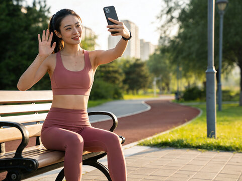 Asian woman taking selfie with phone on park bench after workout