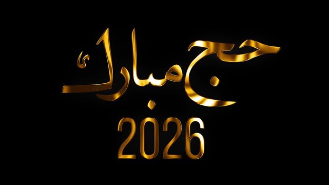 Islamic event Hajj Mubarak 2026 Arabic calligraphy text with golden shadow flow animation video