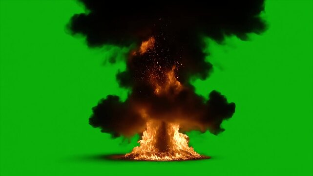 A powerful nuclear explosion with a mushroom cloud of fire and smoke against a green screen background, representing destruction and war
