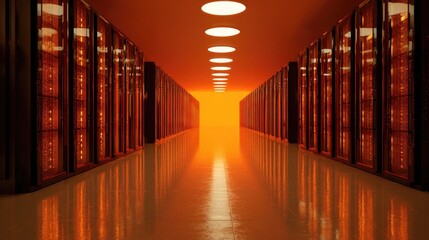 Fototapeta na wymiar A long, brightly lit server room with glowing orange racks