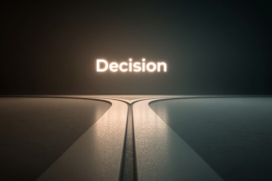 A forked path splitting into two clean directions in a minimal environment, with glowing "Decision" text 