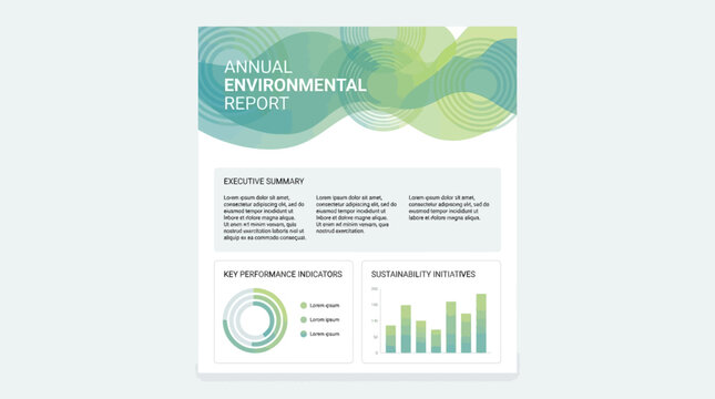 A professional annual environmental report document template with abstract green wave patterns and data visualizations.
