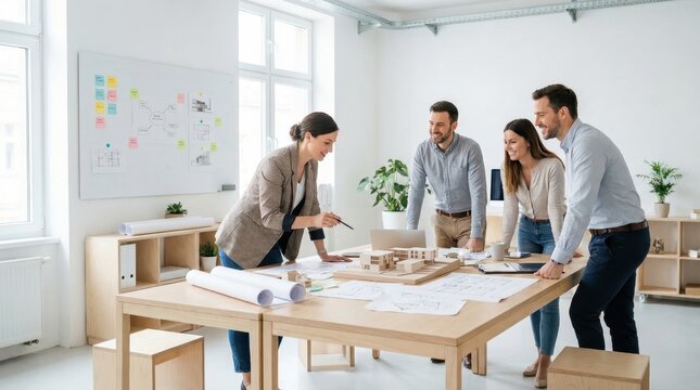 Architect team discussing building models in bright modern office
