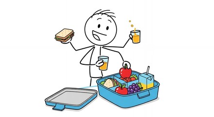Fototapeta premium Happy Stickman Preparing Lunch Box with Sandwich and Juice Illustration