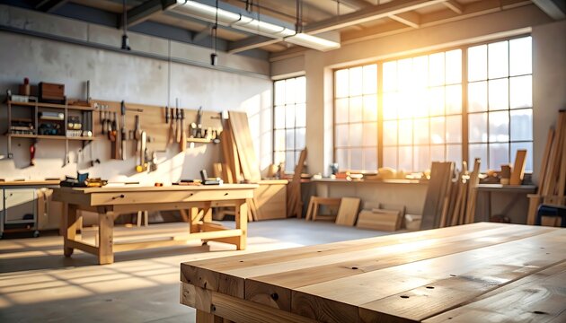 A well-lit woodworking workshop with wooden tables and tools