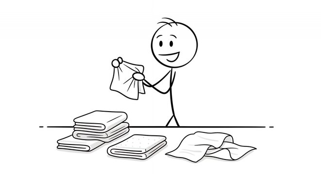 Happy Stickman Smiling with Paper Stacks in Black and White Illustration