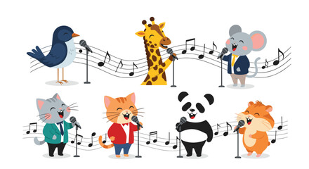 Obraz premium Group of various cartoon animals including a bird, giraffe, mouse, cat, panda, and hamster are singing into microphones with musical notes.