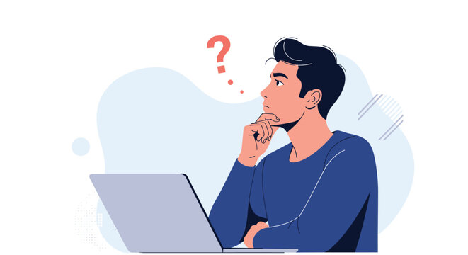 Man sitting at a laptop and looking up thoughtfully with a red question mark above his head on a light background.