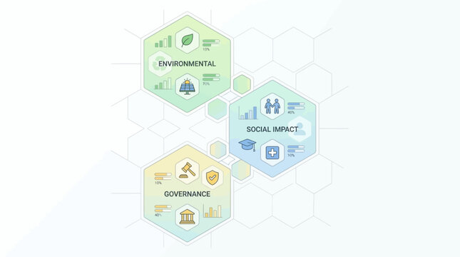 An infographic illustrating the three pillars of ESG (Environmental, Social, and Governance) with relevant icons and a modern hexagonal design.