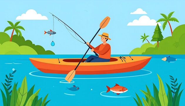 A man wearing a hat fishes from an orange kayak on a bright, sunny day, with fish, trees and other foliage visible