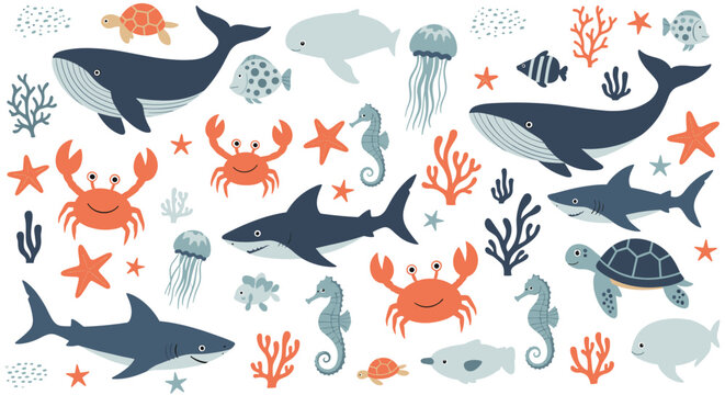 Collection of colorful sea life including whales sharks crabs seahorses and jellyfish with coral reefs and starfish.