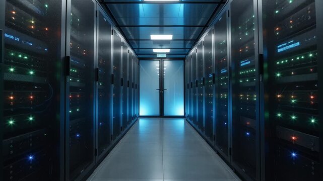 青い照明で照らされたデータセンターのサーバーラックの列、ITインフラのコンセプトイメージ